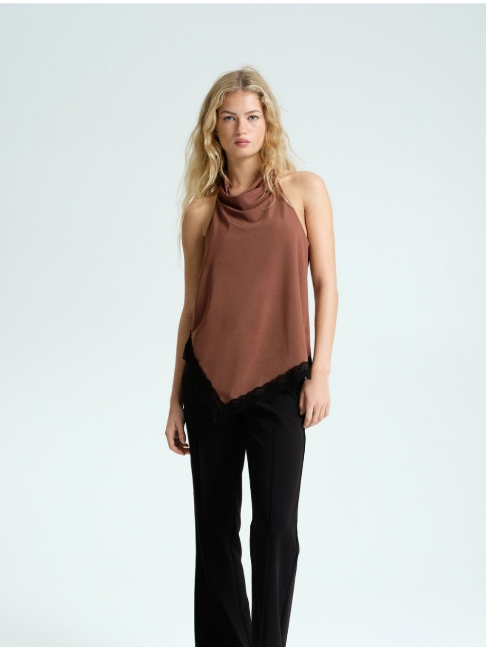 H&M Brown Cowl Neck Satin Tank with Black Lace Trim